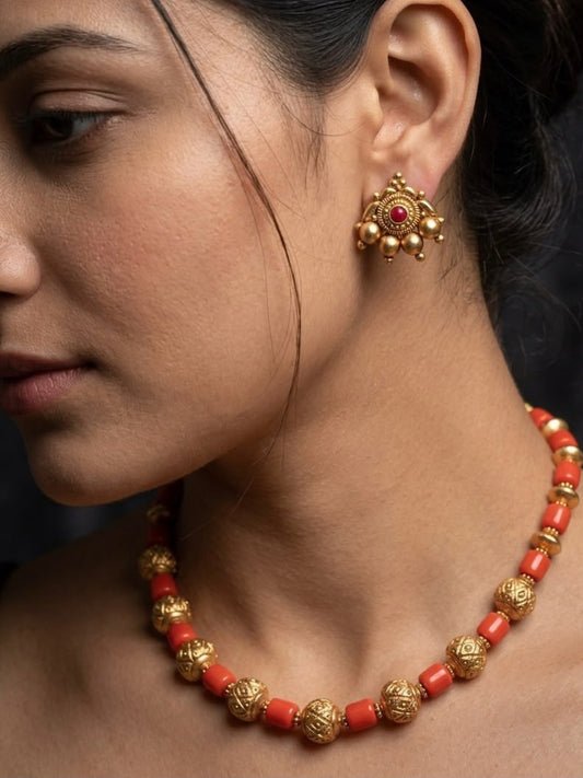 Ishhaara Coral Floral Gold Ball Beaded Necklace