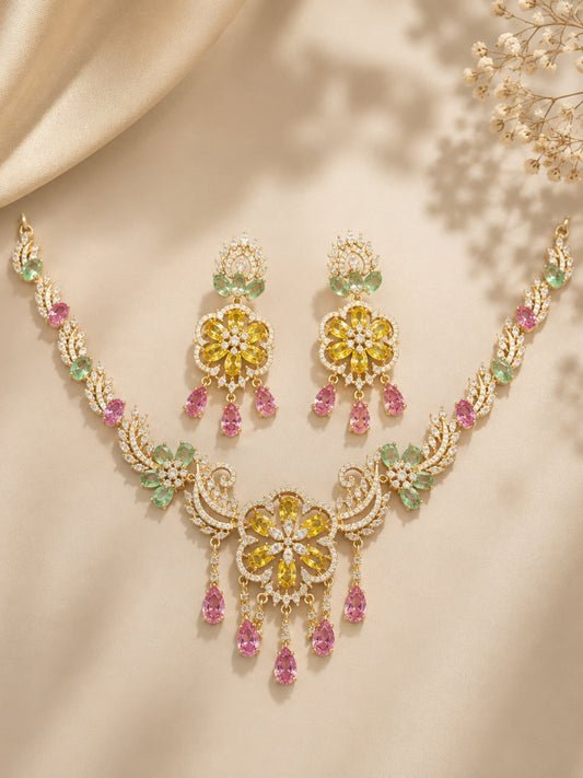 Ishhaara Floral Gold Necklace And Earrings Set