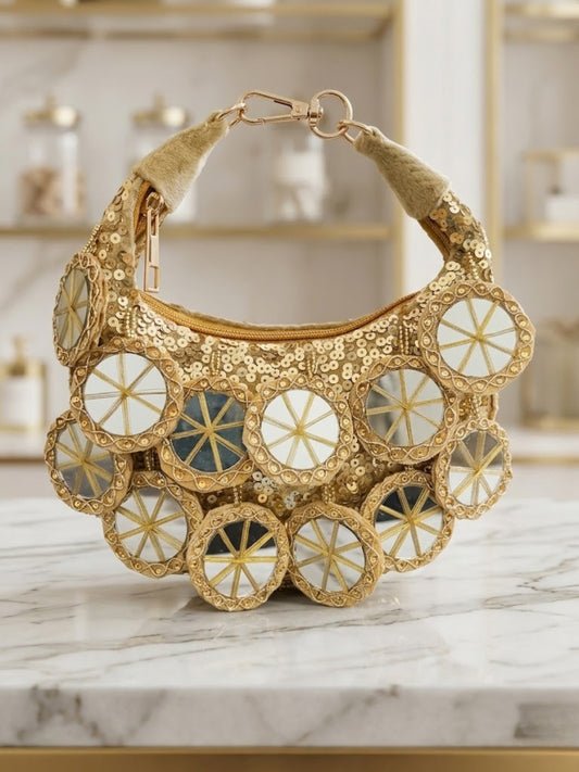 Ishhaara Golden Mirror Embellished Moon Bag