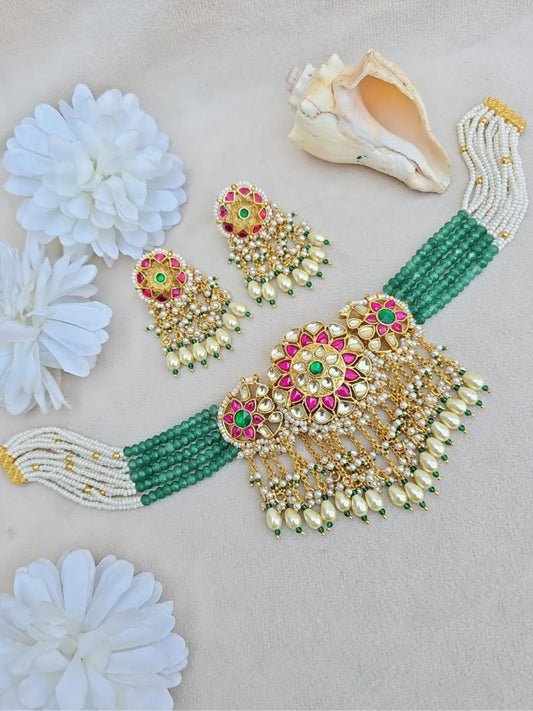 Ishhaara Green Beaded Kundan Choker Set - handcrafted Indian jewellery
