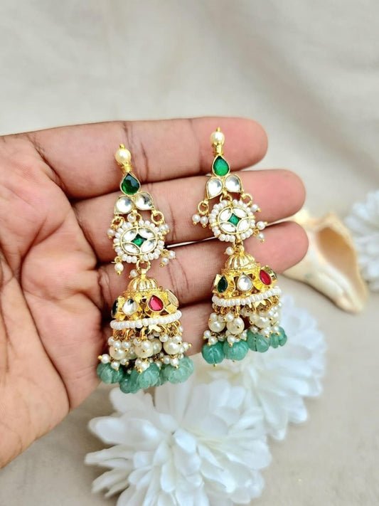 Ishhaara Green Pearl Kundan Jhumka Earrings - handcrafted Indian jewellery