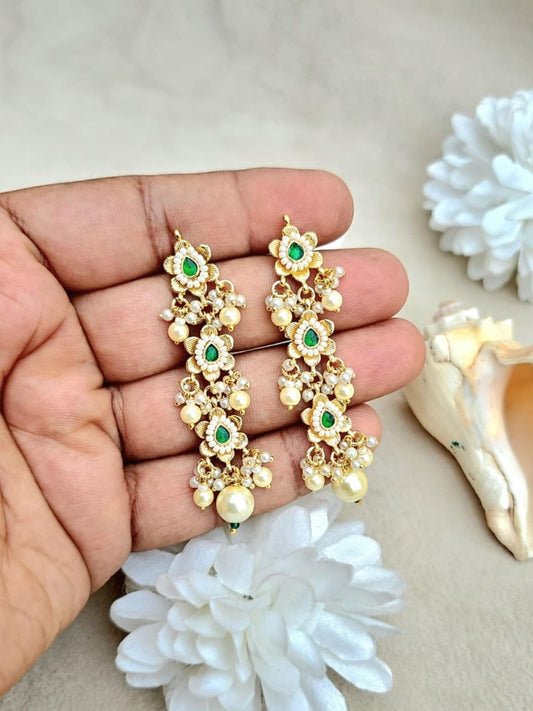 Ishhaara Kundan Green Stone Dangler Earrings - handcrafted Indian jewellery