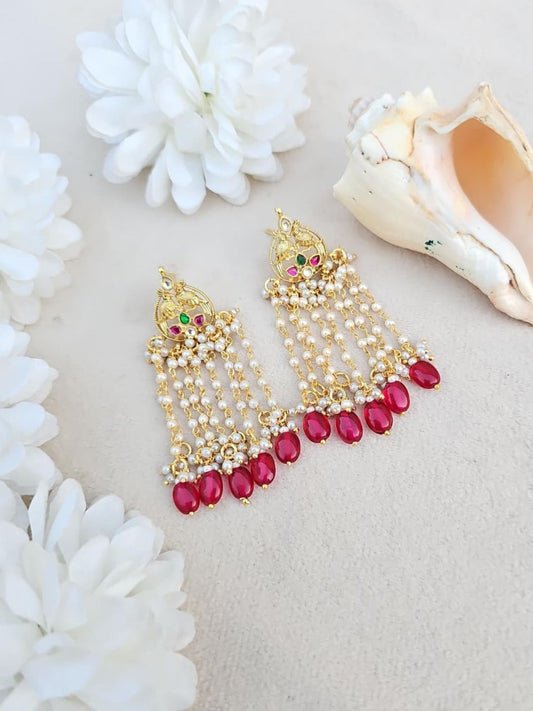 Ishhaara Kundan Peacock Chandbali Earrings With Maroon Beads - handcrafted Indian jewellery