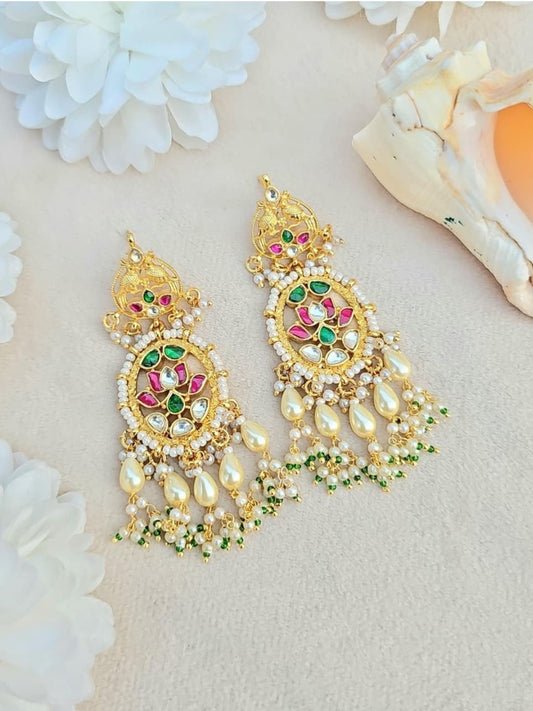 Ishhaara Kundan Peacock Chandbali Earrings With Pearl Drops - handcrafted Indian jewellery