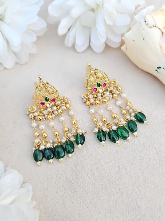 Ishhaara Kundan Peacock Drop Earrings With Emerald Green Beads - handcrafted Indian jewellery