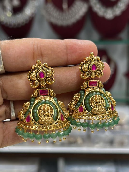 Ishhaara Lakshmi Green Beaded Jhumkas