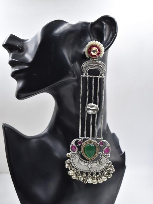 Oxidized Silver Peacock Jhumka Earrings with Emerald & Kundan Drop
