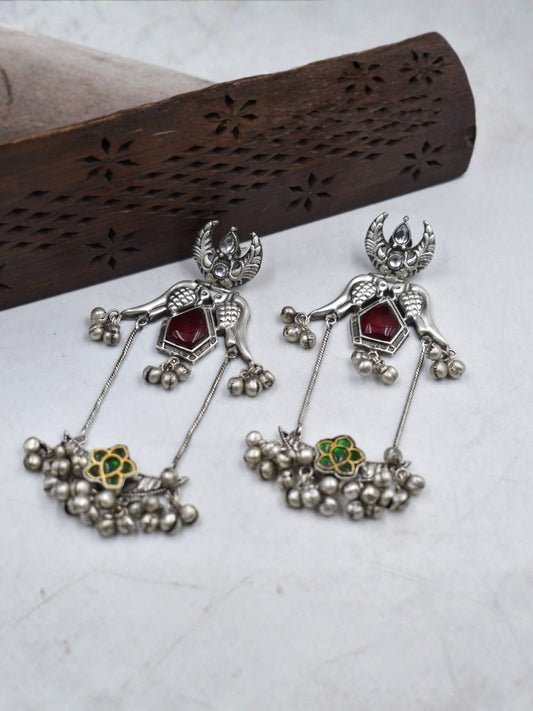 Oxidized Silver Peacock Wing Stud Earrings with Red Stone & Floral Charm