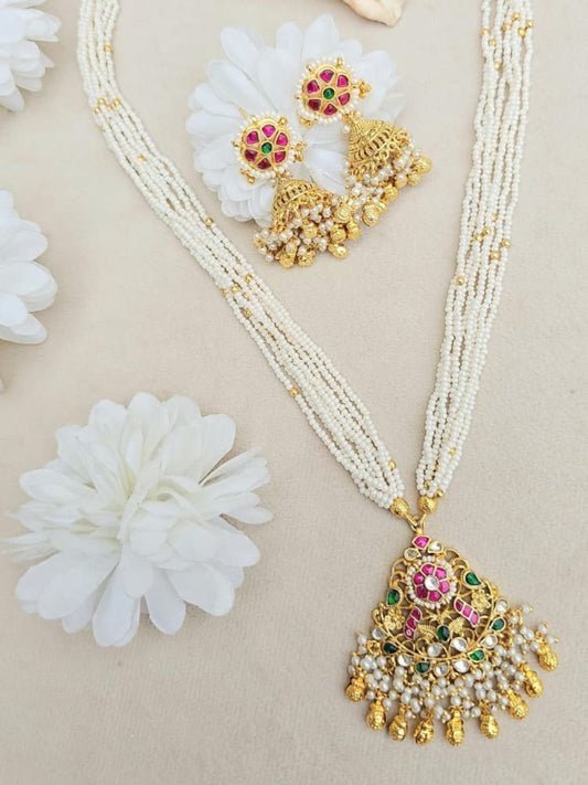 Ishhaara Pink Gold Bell Kundan Necklace Set - handcrafted Indian jewellery