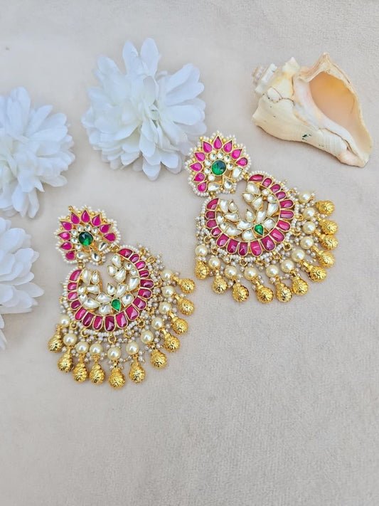 Ishhaara Pink Kundan Chandbali Earrings - handcrafted Indian jewellery