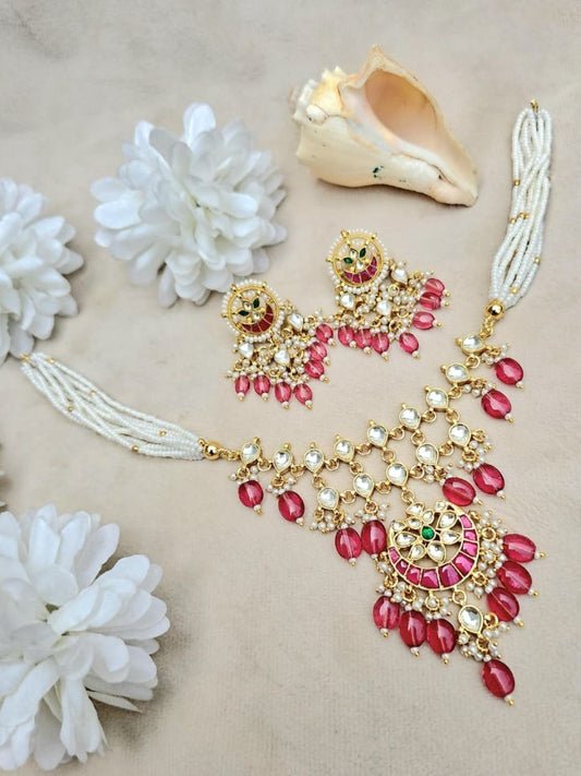 Ishhaara Pink Kundan Necklace Earring Set - handcrafted Indian jewellery