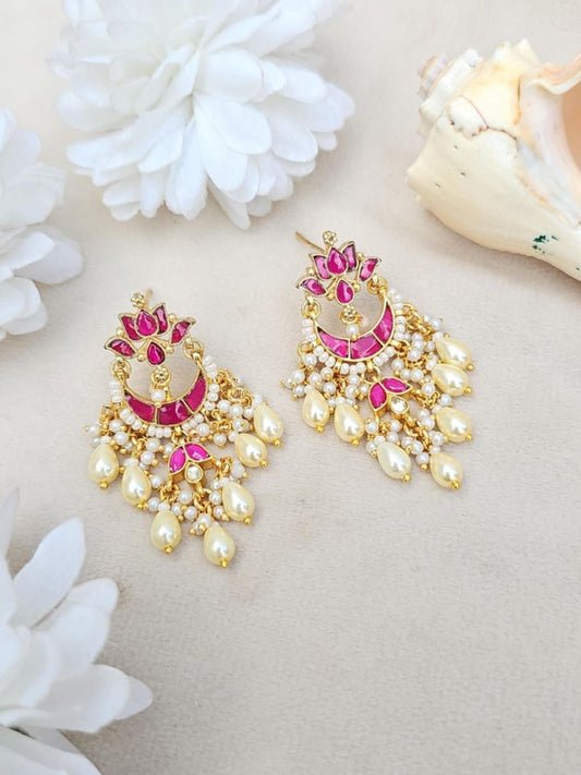 Ishhaara Pink Pearl Chandbali Earrings - handcrafted Indian jewellery