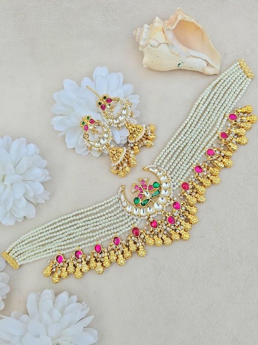 Ishhaara Pink Pearl Kundan Choker Necklace Set - handcrafted Indian jewellery