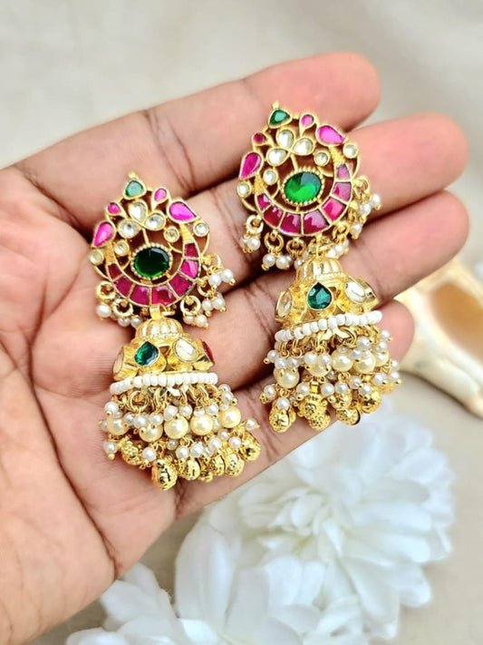 Ishhaara Ruby Green Kundan Jhumka Earrings - handcrafted Indian jewellery
