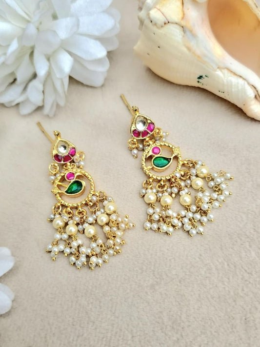 Ishhaara Ruby Green Pearl Chandbali Earrings - handcrafted Indian jewellery