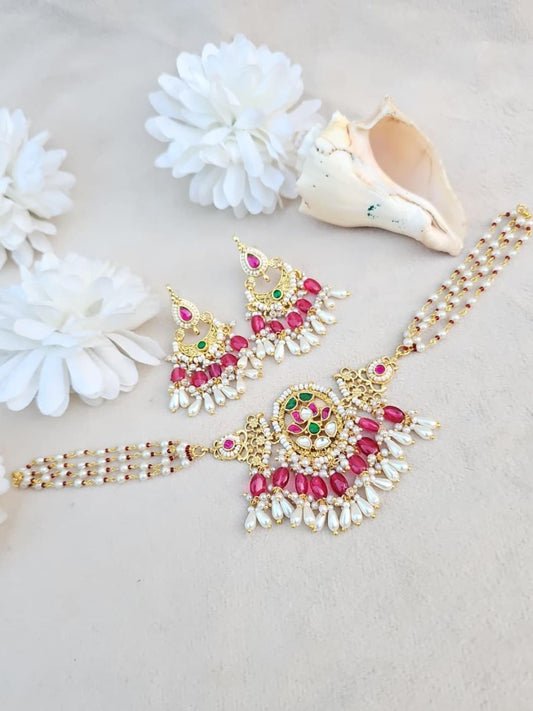 Ishhaara Ruby Kundan Choker Necklace Set - handcrafted Indian jewellery