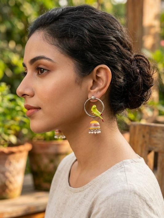 Silver Hoop Earrings with Enamel Bird & Jhumki Charm